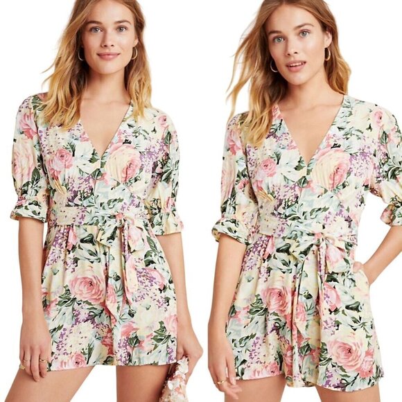 Anthropologie Faithfull Ana Floral Romper Tie Waist 3/4 Puff Sleeves Size 2 - Picture 4 of 12